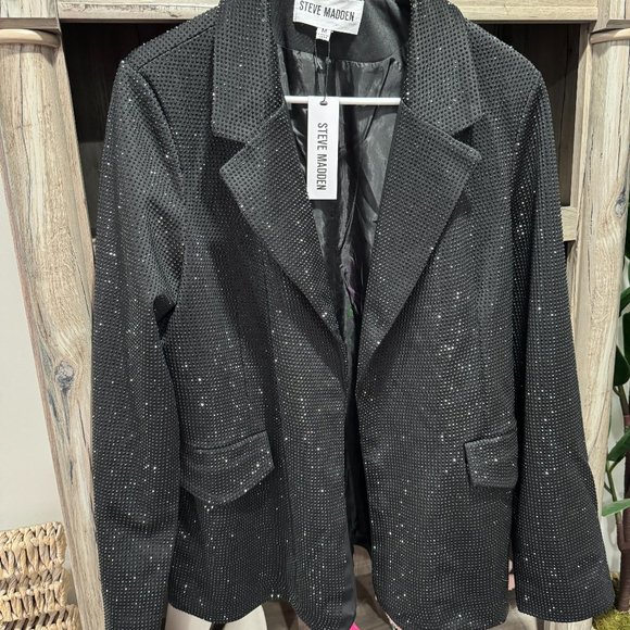 NWT STEVE MADDEN AYA BLACK RHINESTONE CRYSTAL BEADED JACKET BLAZER MEDIUM - Picture 5 of 5